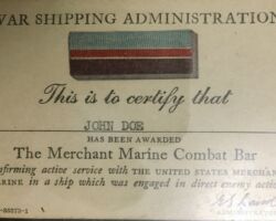 War Shipping Administration Merchant Marine Combat Bar Award Card.
col. AMMM