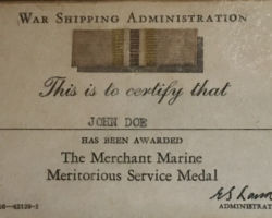 War Shipping Administration Merchant Marine Meritorious Service Medal Award Card.
col. AMMM