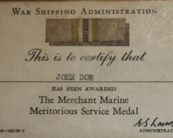 War Shipping Administration Merchant Marine Meritorious Service Medal Award Card.
col. AMMM