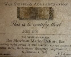 War Shipping Administration Merchant Marine Defense Bar Award Card.
col. AMMM