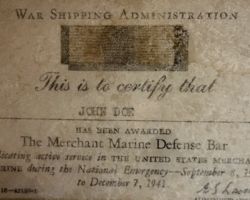 War Shipping Administration Merchant Marine Defense Bar Award Card.
col. AMMM