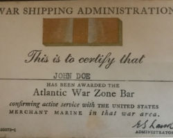 War Shipping Administration Atlantic War Zone Bar Award Card.
col. AMMM