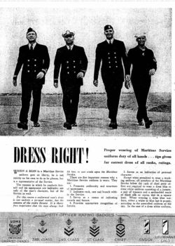 Uniforms left to right: Officer, Warrant, CPO (note 8 buttons), Enlisted.